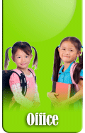 Two girls with backpacks and books, in front of a green background with