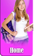 Teen girl with backpack and book, standing, smiling. Home button.