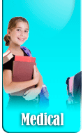 Smiling student holding books, backpack; text