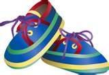 Blue and yellow sneakers with purple laces.