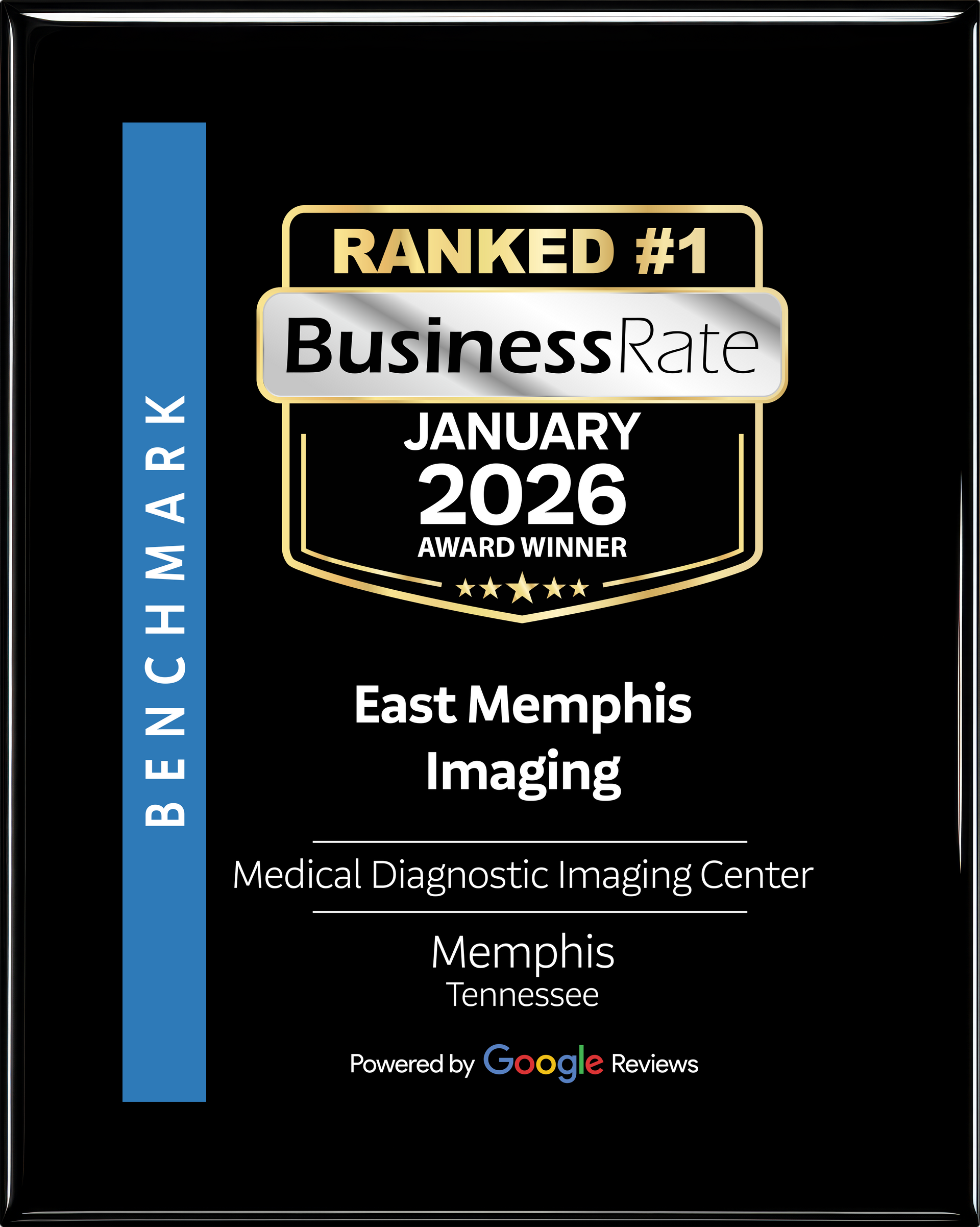 An award plaque for East Memphis Imaging, ranked #1 by BusinessRate in January 2026 for a diagnostic center in Memphis, TN.