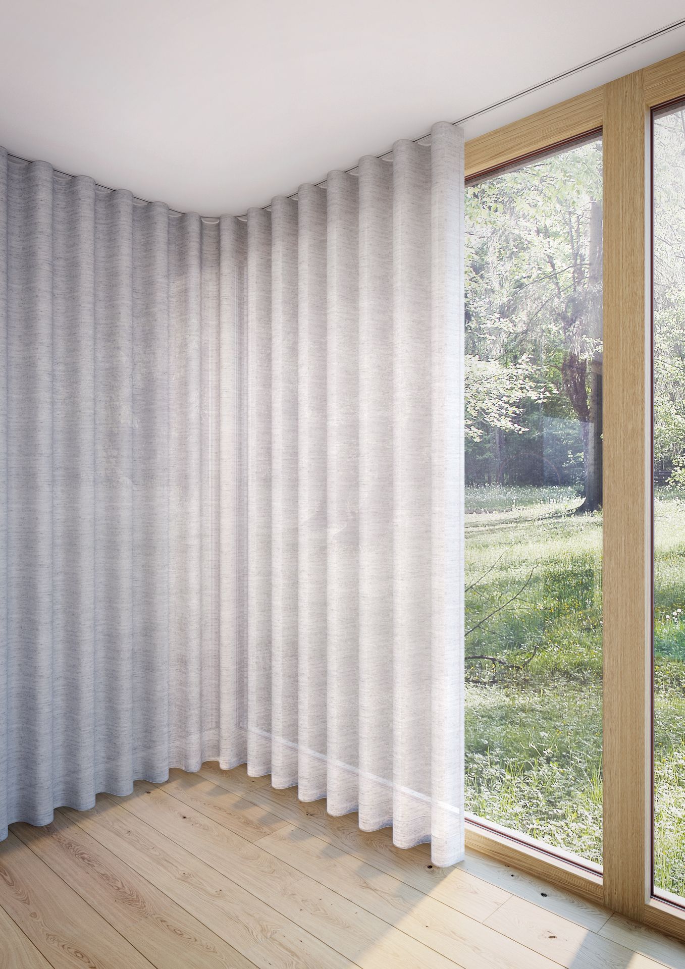 Ein Zimmer mit großem Fenster und weißen Vorhängen.
