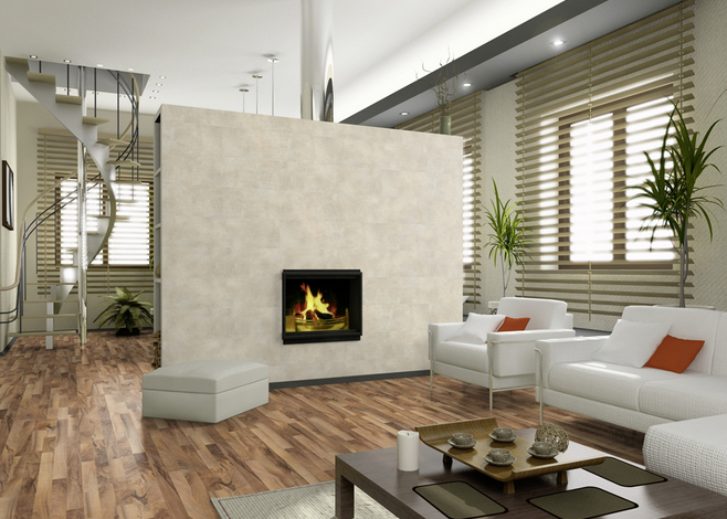 Ein Wohnzimmer mit weißen Möbeln und einem Kamin