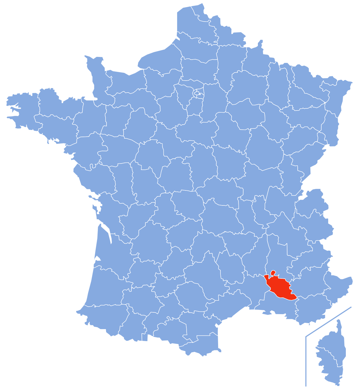 Une carte bleue de la France avec une zone rouge surlignée