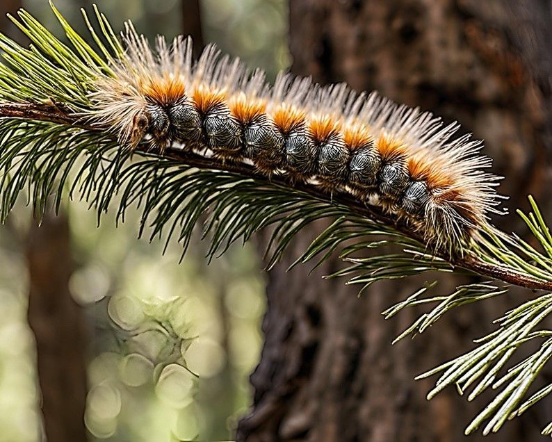 Gros plan d'une chenille rampant sur une branche de pin.