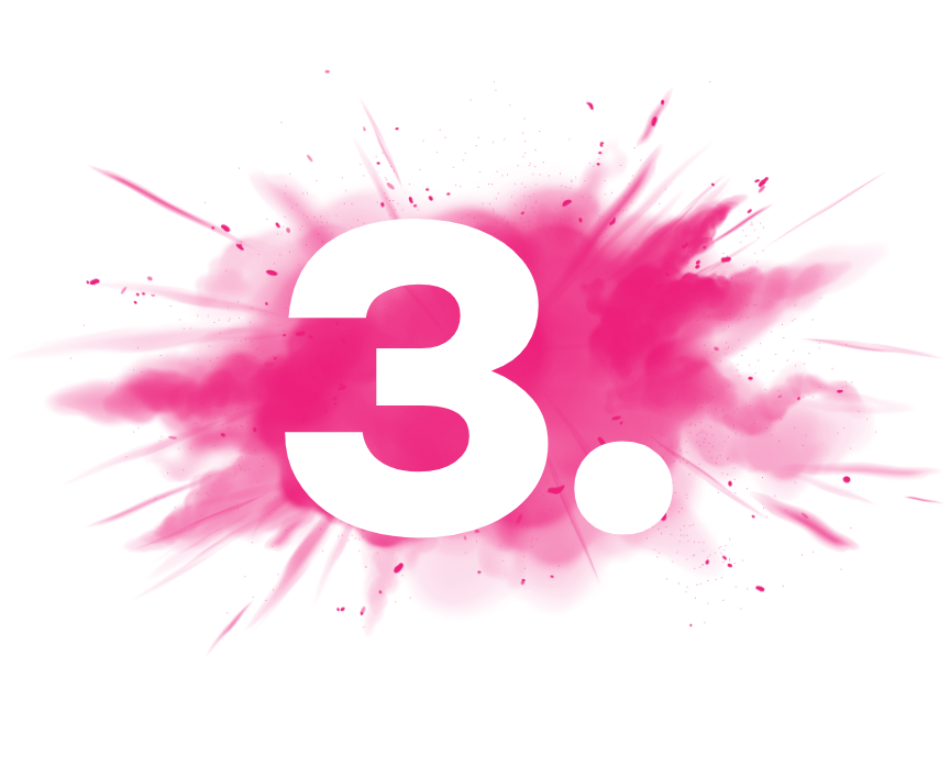 The number 3 is surrounded by pink paint splashes