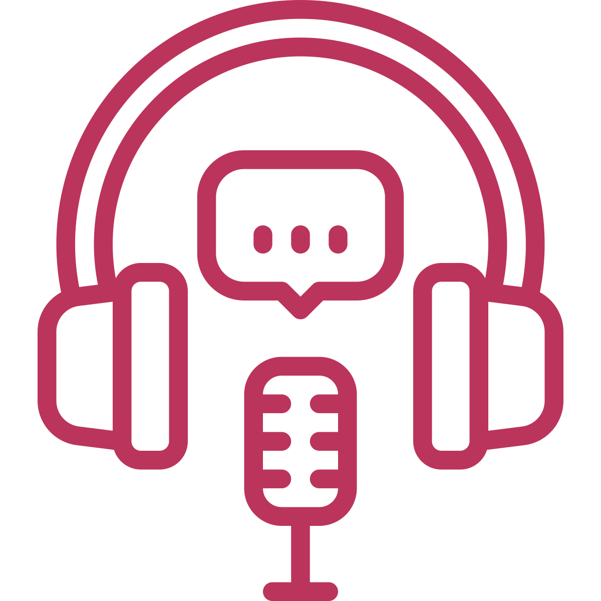A pair of headphones and a microphone with a speech bubble.