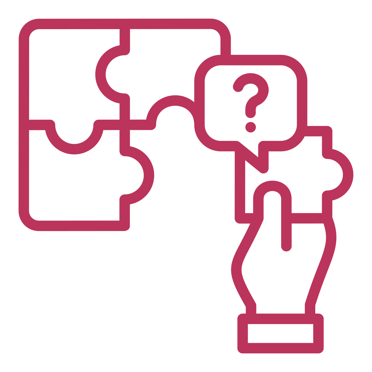 A hand is holding a piece of a puzzle with a question mark in a speech bubble.
