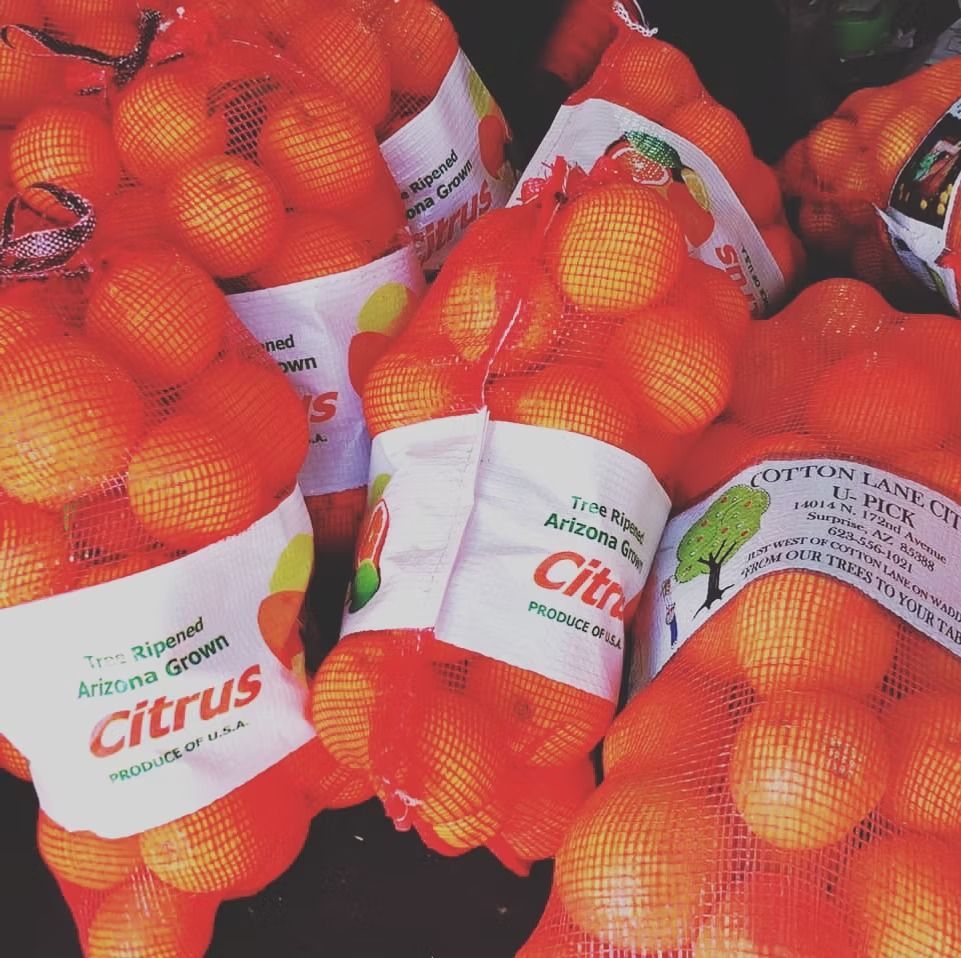 Metsam citrus bags piled together, filled with bright orange oranges and labeled “Citrus”