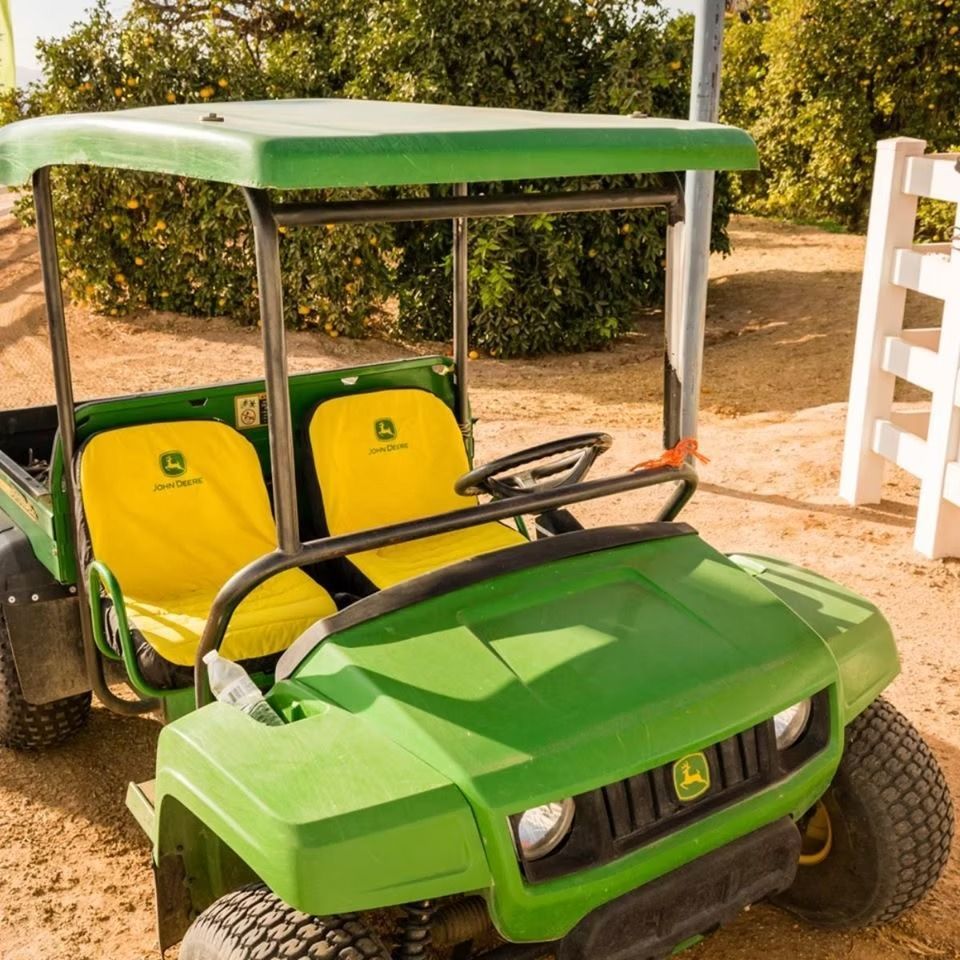 Green golf cart with yellow seats parked outdoors on a sandy path