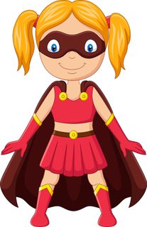 A cartoon girl in a superhero costume is standing on a white background.
