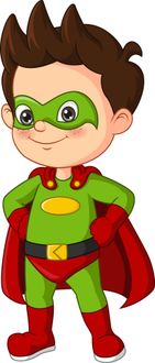 A cartoon boy in a superhero costume is standing with his hands on his hips.