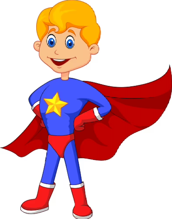 A cartoon boy in a superhero costume is flying through the air.