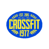 Blue and yellow CrossFit logo: Oval shape with "CROSSFIT" and "1977" inside. Est. 2015, Charlton, Mass.