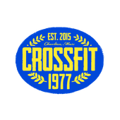 Blue and yellow CrossFit logo: Oval shape with "CROSSFIT" and "1977" inside. Est. 2015, Charlton, Mass.