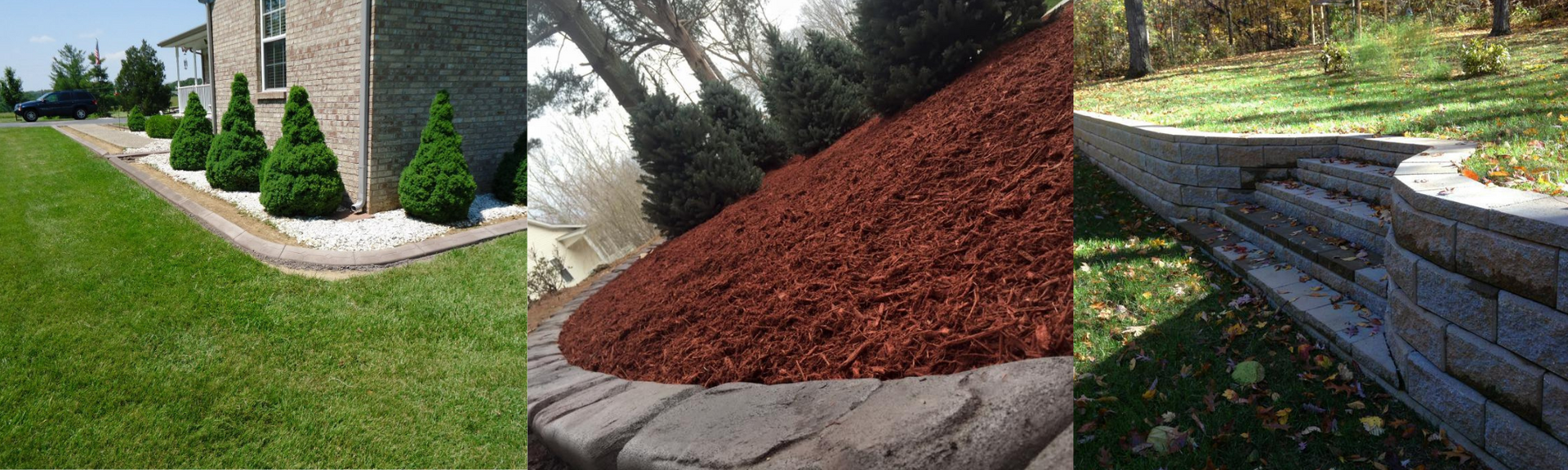 Three landscaping examples: green lawn edging, red mulch bed, and stacked stone retaining wall.