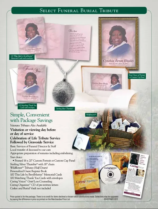 Funeral service details: personalized keepsakes, memorial portraits, tribute options.