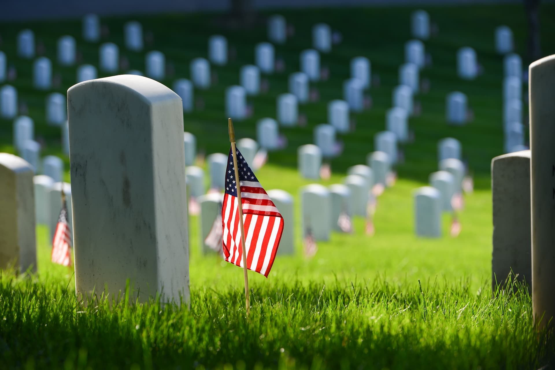Serene cemetery landscape with headstones, lush green grass, and American flags honoring veterans.