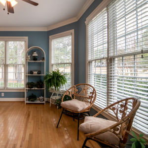 Sunlit living room with blue walls, large windows, wicker chairs, and a potted plant