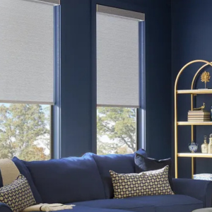Blue living room with large windows, a navy sofa, patterned pillows, and a gold shelf with decor