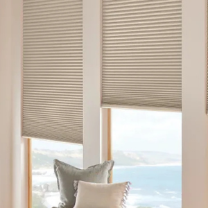 Two beige window shades above a bright ocean view, with white pillows in the foreground.