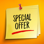 Yellow sticky note reading “SPECIAL OFFER” pinned with a red tack on an orange background