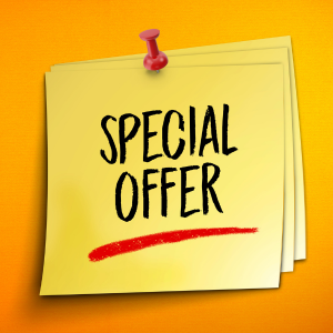 Yellow sticky note with “SPECIAL OFFER” text and red underline pinned on orange background