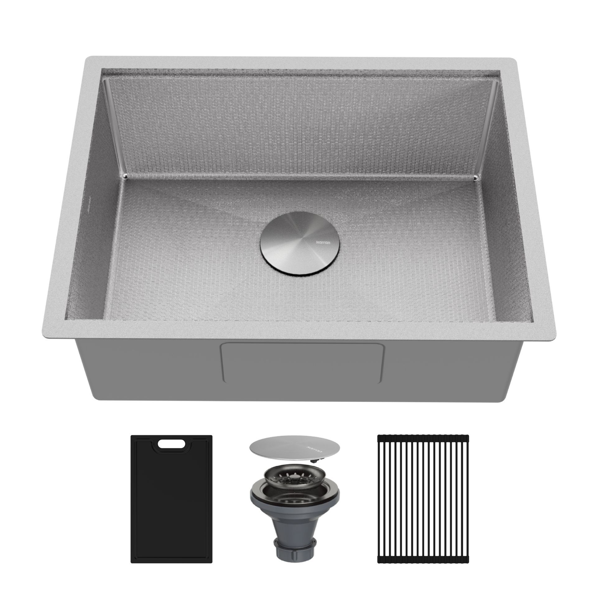 Stainless steel kitchen sink with included accessories: cutting board, drain, and grid.