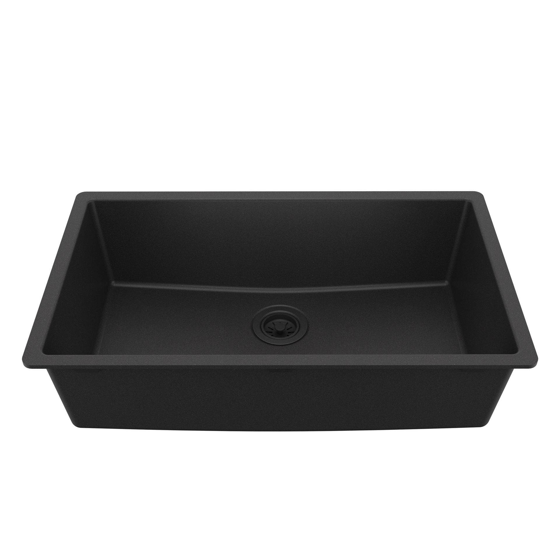 Black rectangular kitchen sink with drain.
