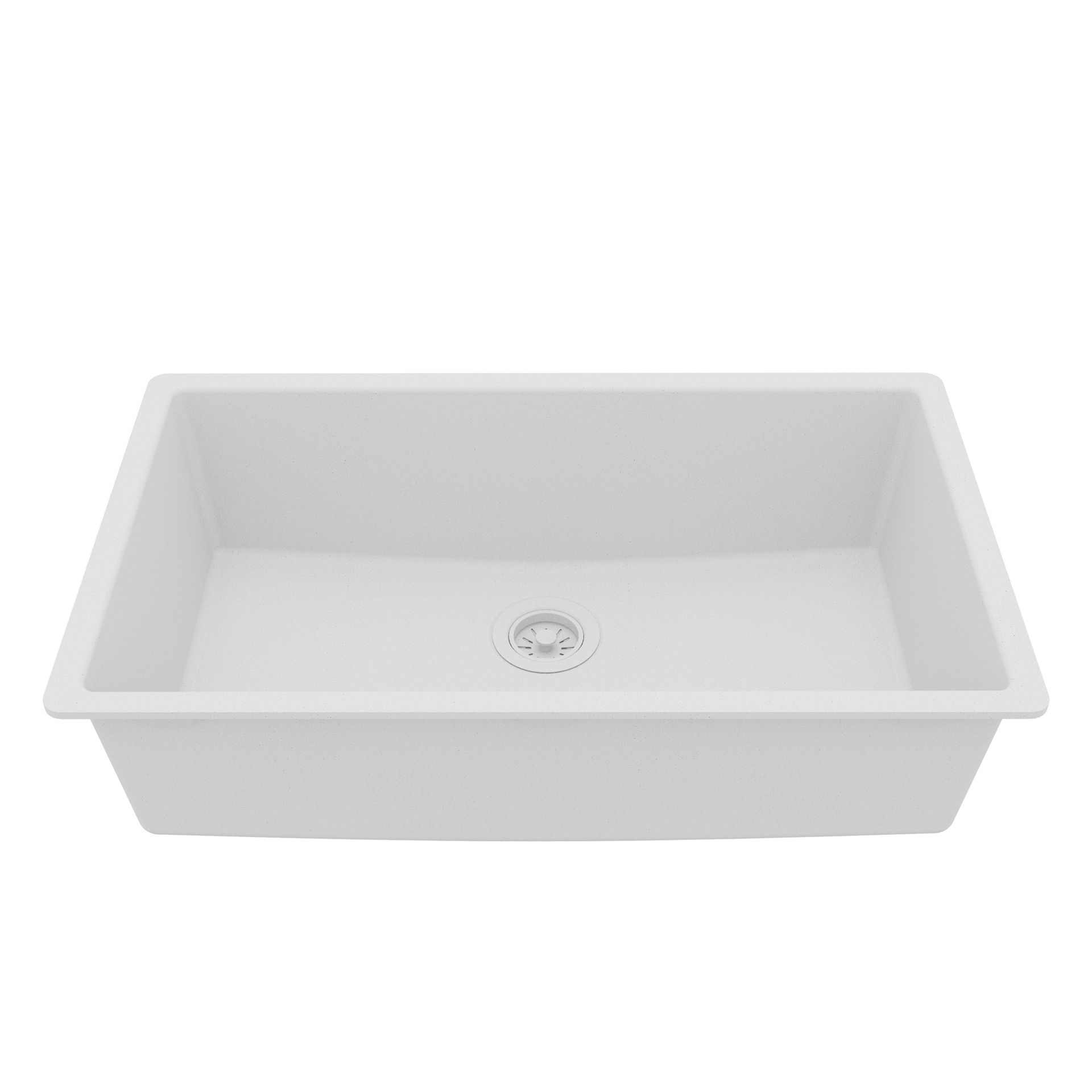 White rectangular kitchen sink with drain in the center.