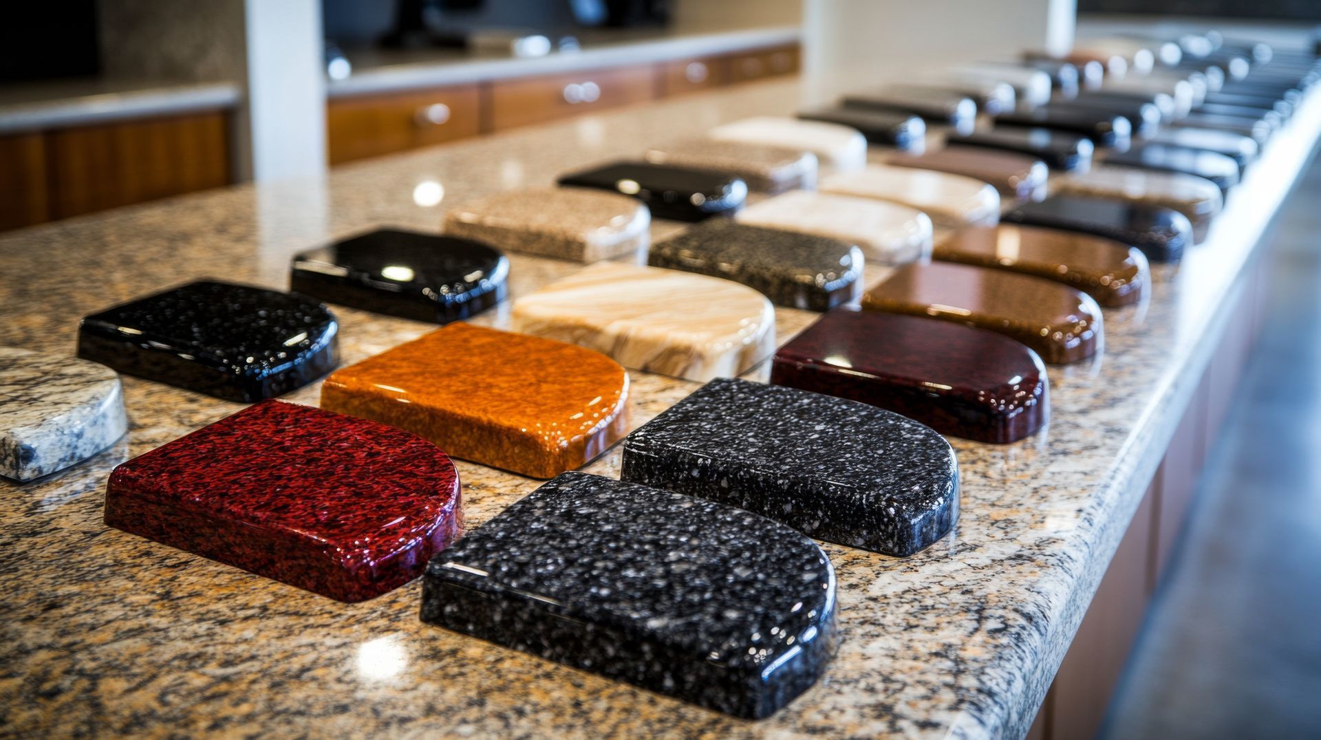 Granite and stone countertop color samples arranged for home renovation planning.