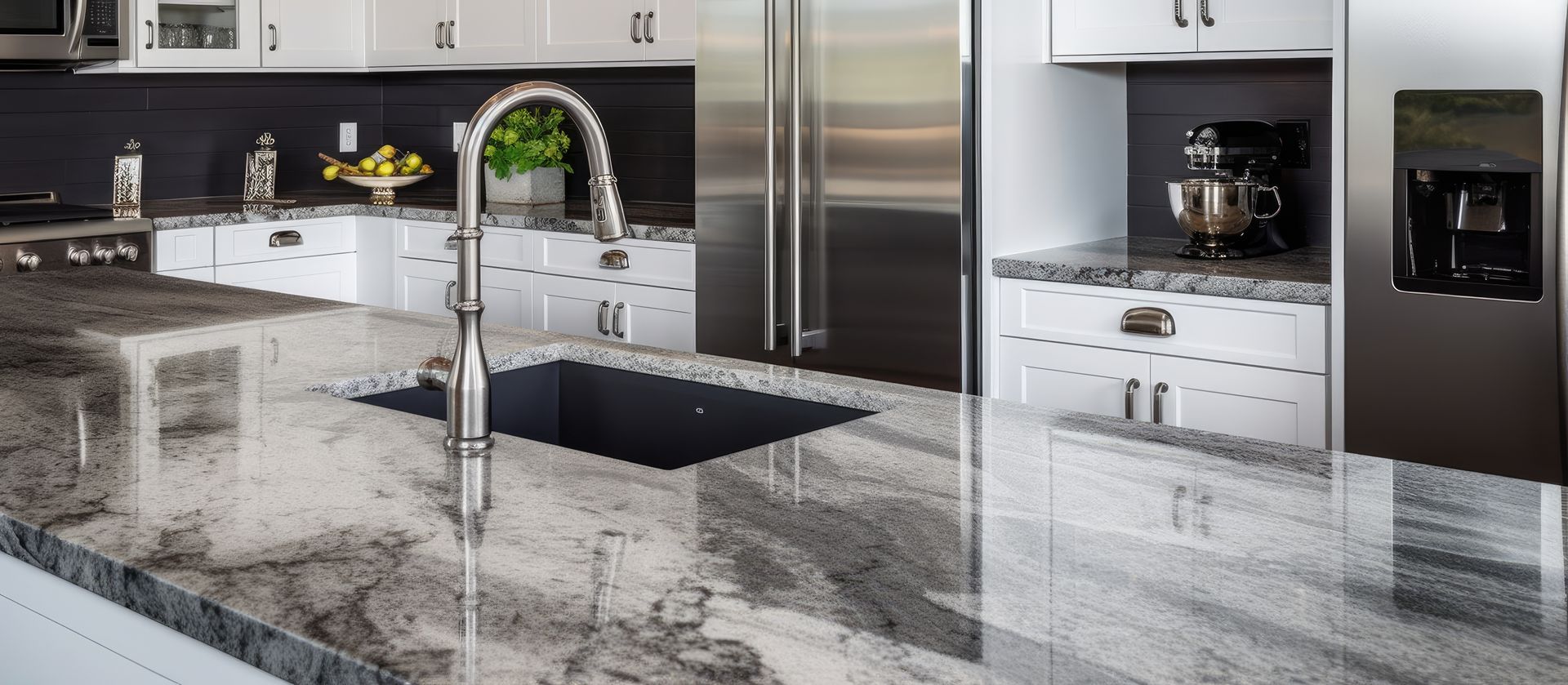 Professional installation of dark granite countertops in a modern white kitchen remodel.