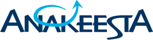 Anakeesta logo with blue lettering and a curved arrow.