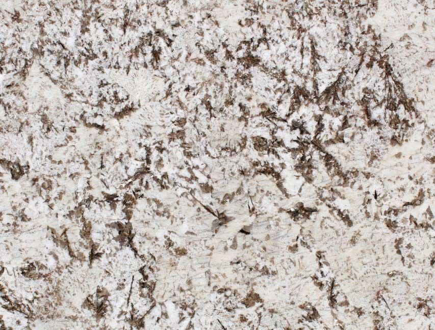 White granite countertop with brown and gray veining.