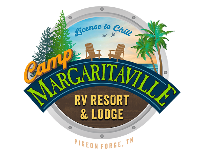 Camp Margaritaville RV Resort & Lodge logo in a porthole frame. Includes trees, beach chairs, palm trees, and the city, Pigeon Forge, TN.