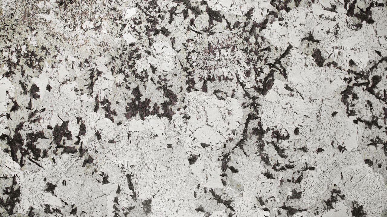 White granite countertop with black and gray speckles and veining.