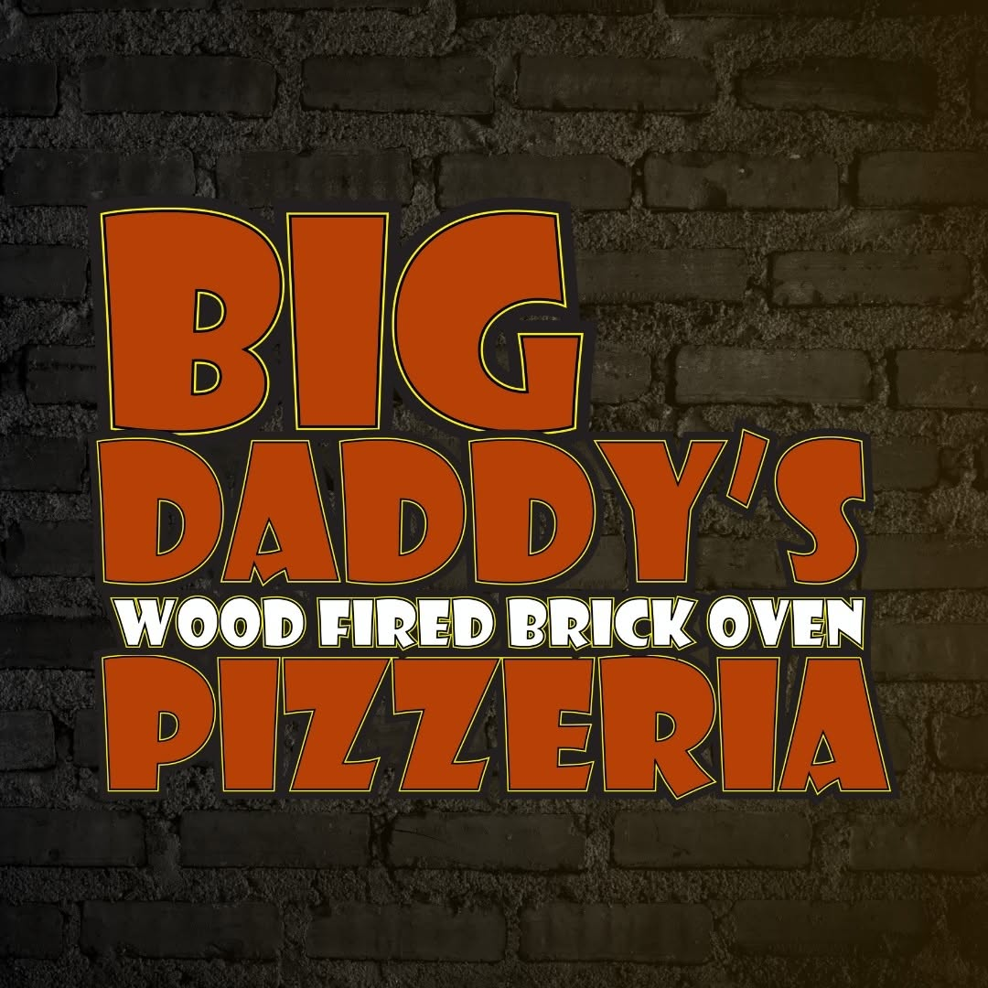Logo for Big Daddy's Pizzeria, orange text on a brick wall background.