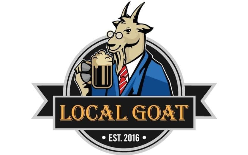 Logo of Local Goat restaurant featuring a goat in a suit holding a beer, framed by a banner.