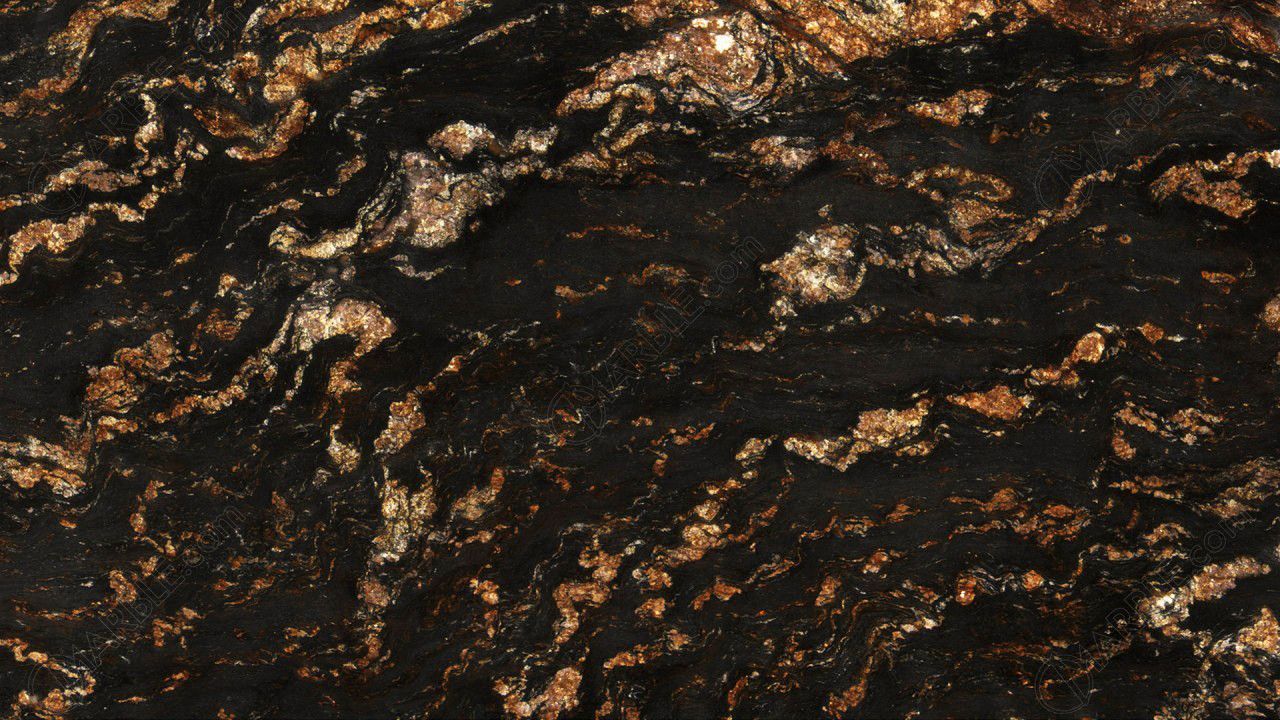 Dark granite with swirling gold and tan veining.
