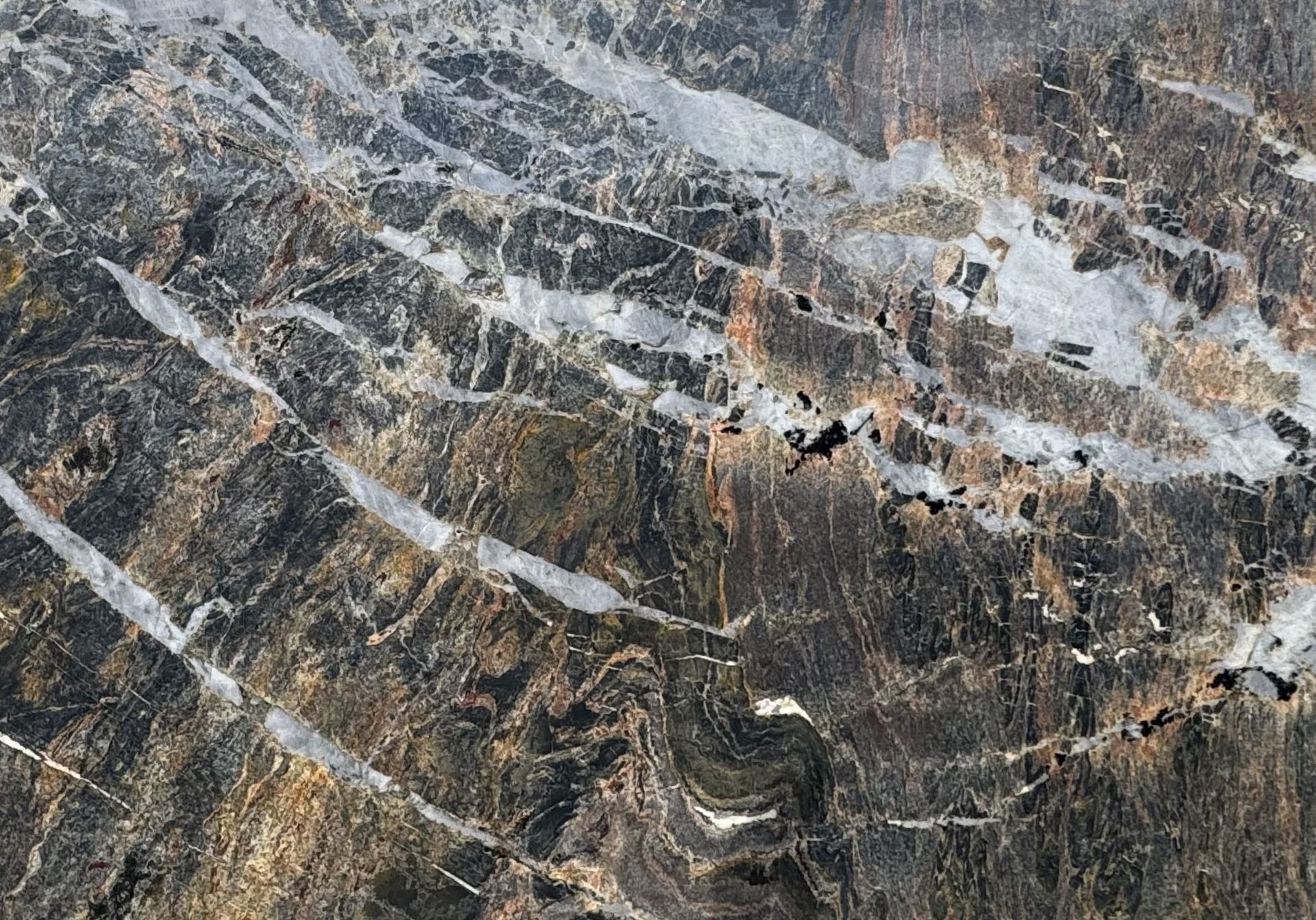 Dark rock with light veins and curved layers.