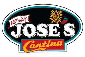 Logo for No Way Jose's Cantina. Oval with black background, white text, red and orange accents, depicting a sun and chili pepper.