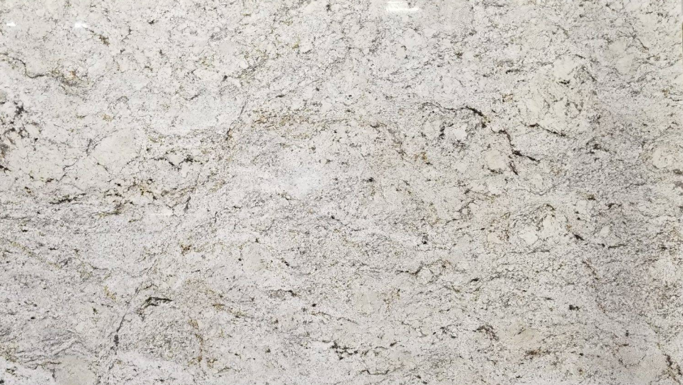 Light-colored granite countertop with a speckled and swirled pattern of gray, white, and black.