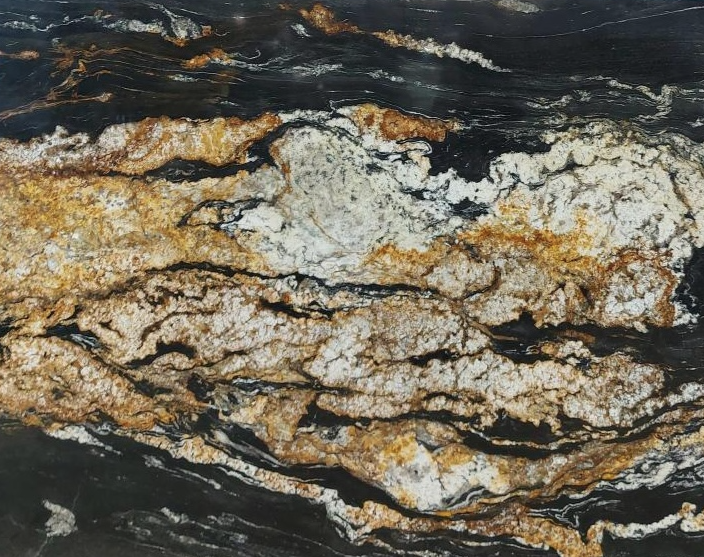Close-up of granite. Black, gold, and white swirls create a marbled appearance.