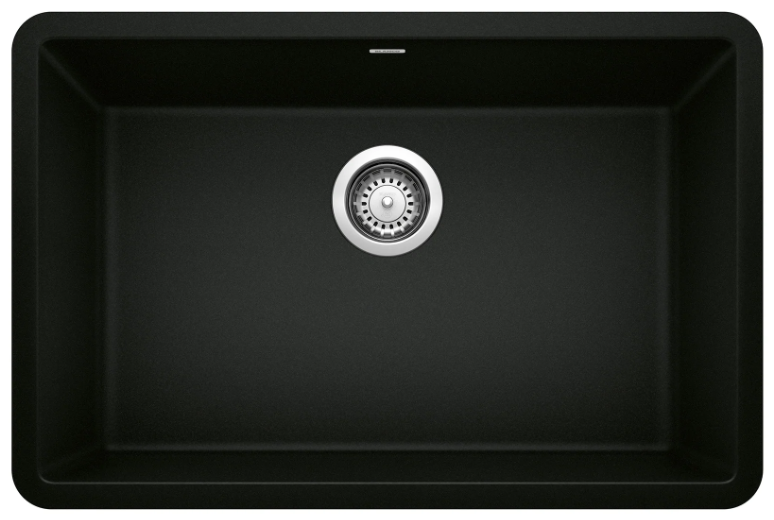 Black rectangular kitchen sink with a circular drain.