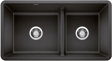 Black double-basin kitchen sink with two drain openings.