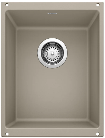Beige rectangular kitchen sink with a circular drain and strainer.