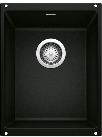 Black, square kitchen sink with a circular, stainless steel drain.