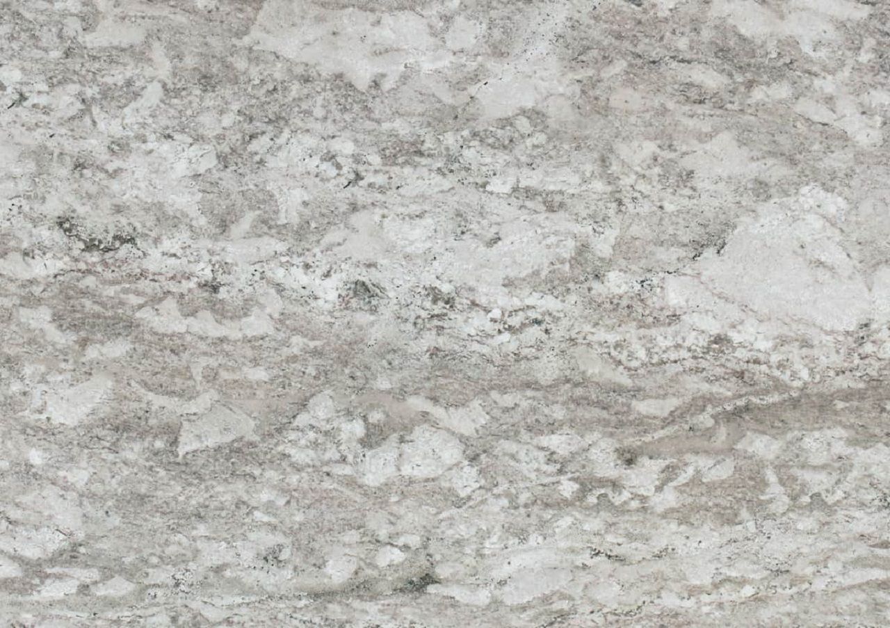 Gray and white marble countertop with swirling patterns.