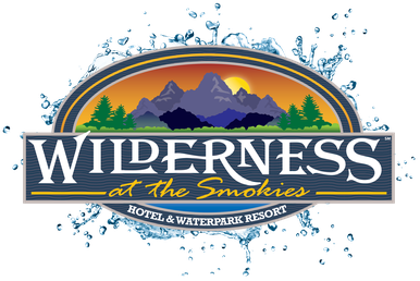 Wilderness at the Smokies logo. Mountains, trees, sunset scene, and water splashes.