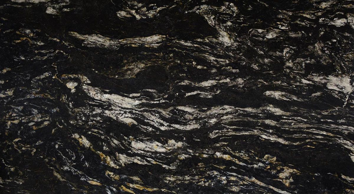Black and gold veined stone countertop with white swirls.